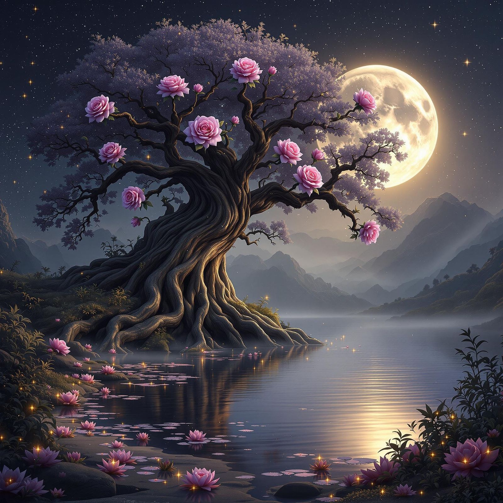 Surreal Fantasy Tree Blooms Under Silvery Moonlight