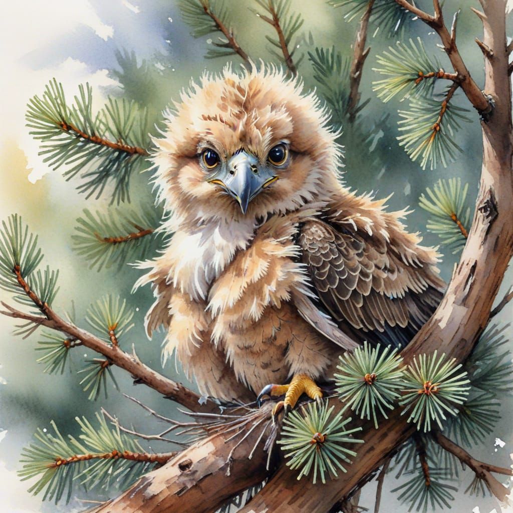 Fluffy Eagle Chick in Nest - Watercolor Illustration
