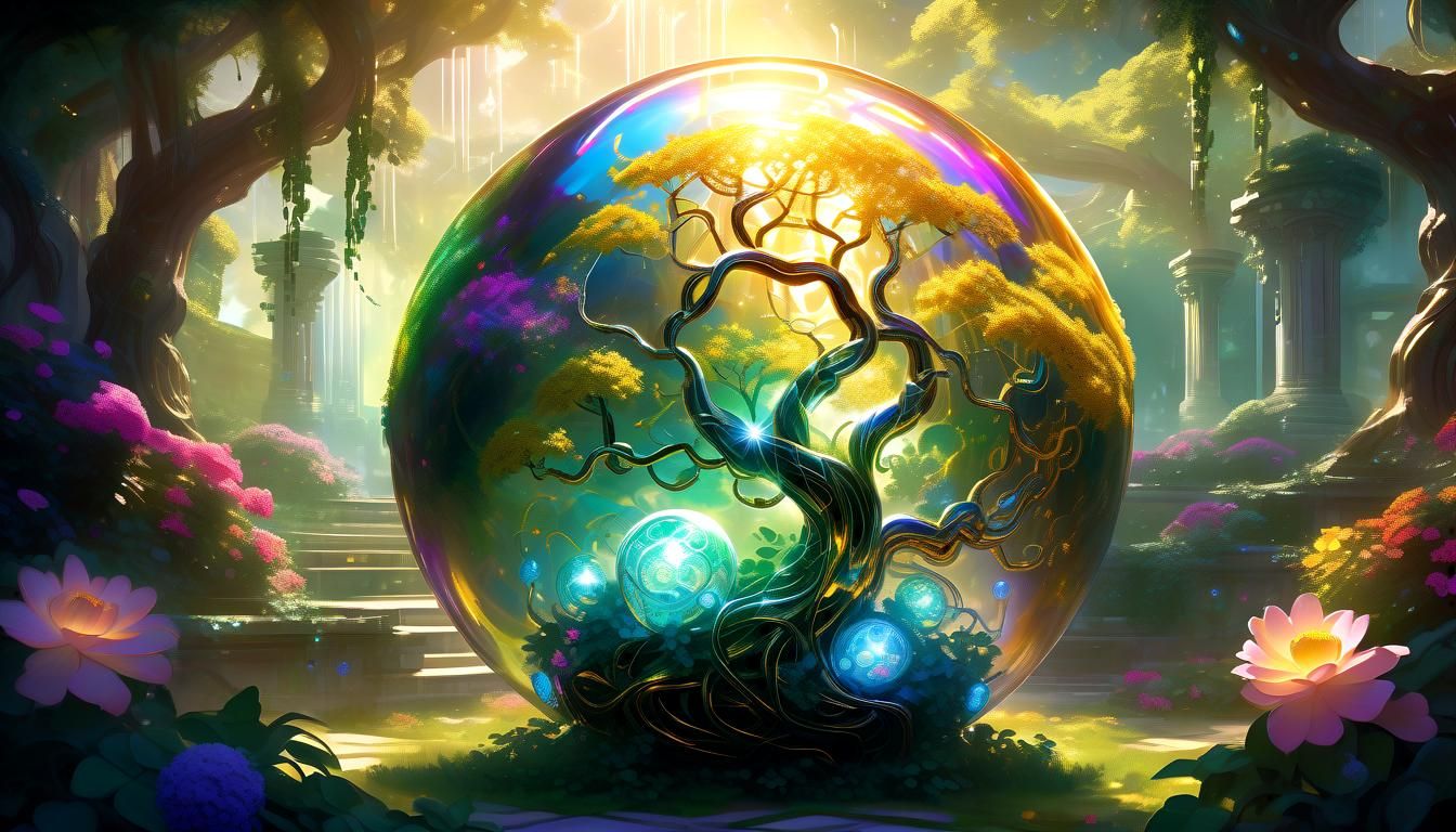 Enlightened Orb Deity in a Solarpunk Garden