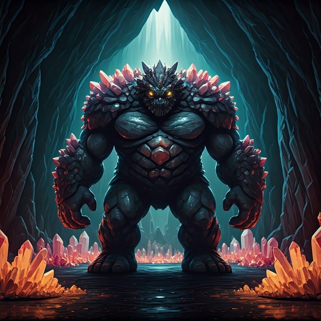 Ethereal Crystal Colossus in Dark, Glistening Cave