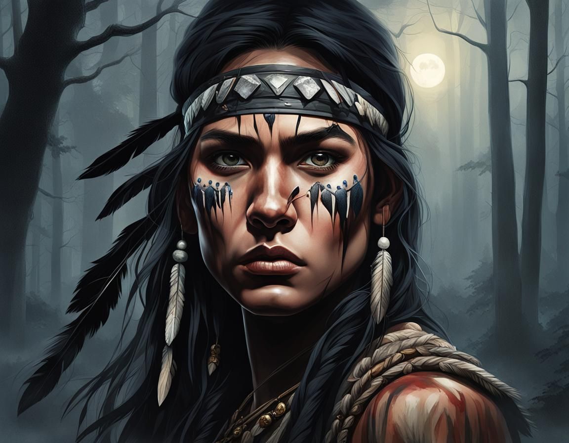 Native American Warrior Girl Portrait in Moonlight