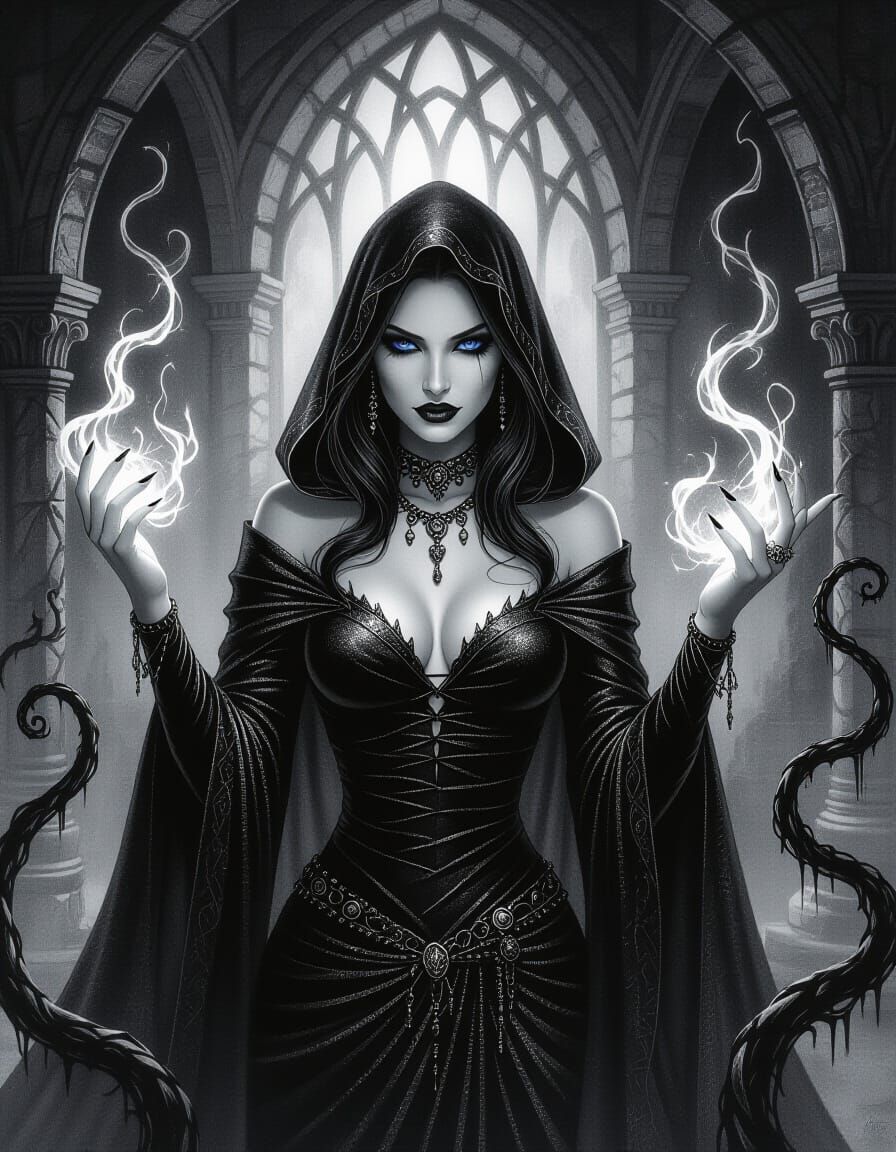 Gothic Sorceress Conjuring Energy in Shadowed Chamber