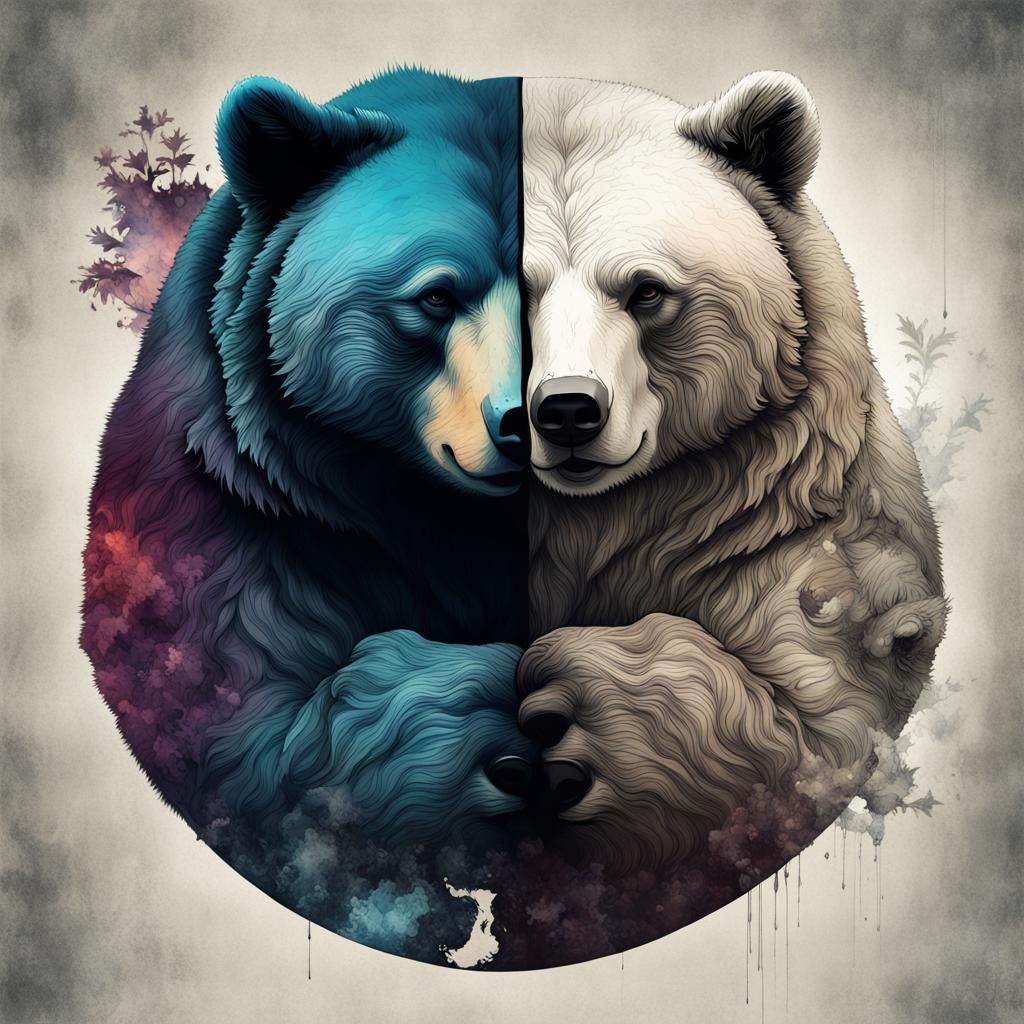 Yin and Yang Bears: Double Exposure Collage Art