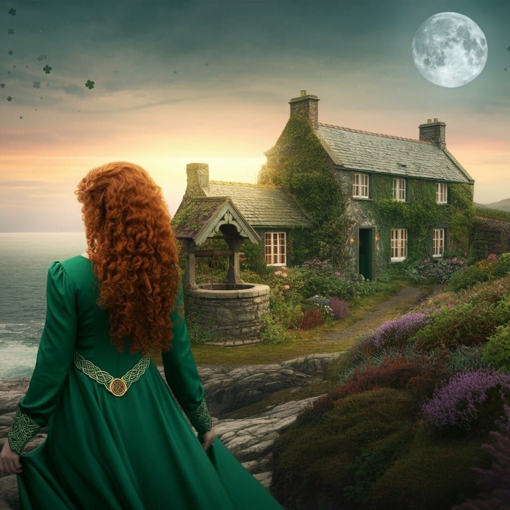 Irish Princess on Windswept Cliffs at Sunrise