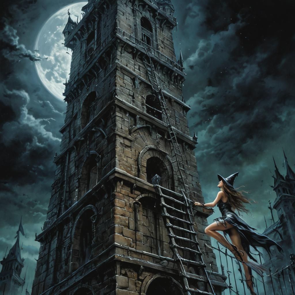 Witch Climbing a Dark Magic Tower in Royo Style