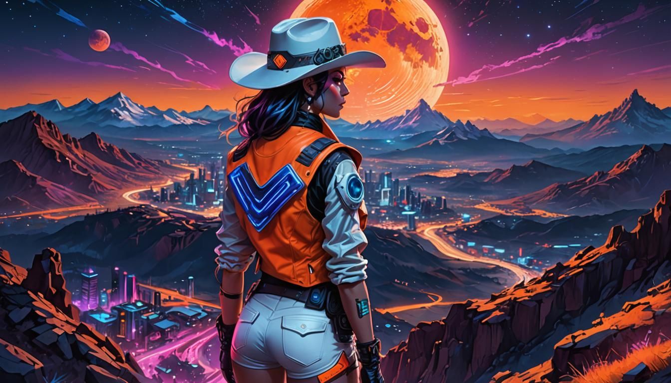 Digital Cyberpunk Cowgirl Reigns Over an Alien Landscape