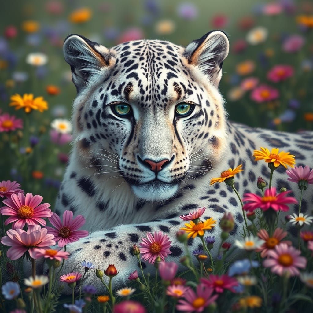 Snow Leopard in Wildflower Field: Dreamy Ethereal Art