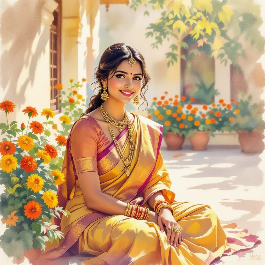 Serene Indian Woman in Sunlit Courtyard