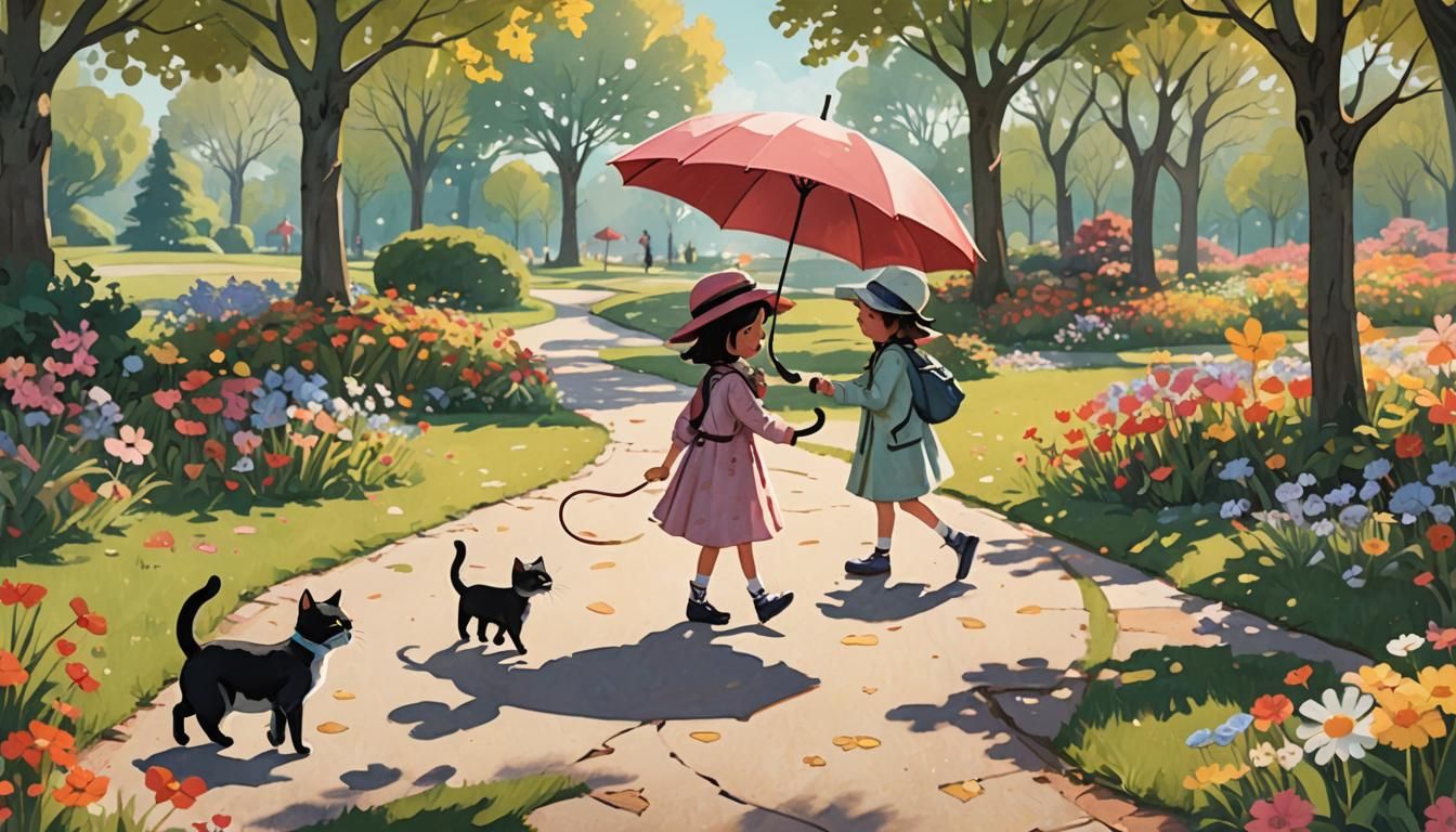 Whimsical Girl and Cat in Sunny Park Illustration