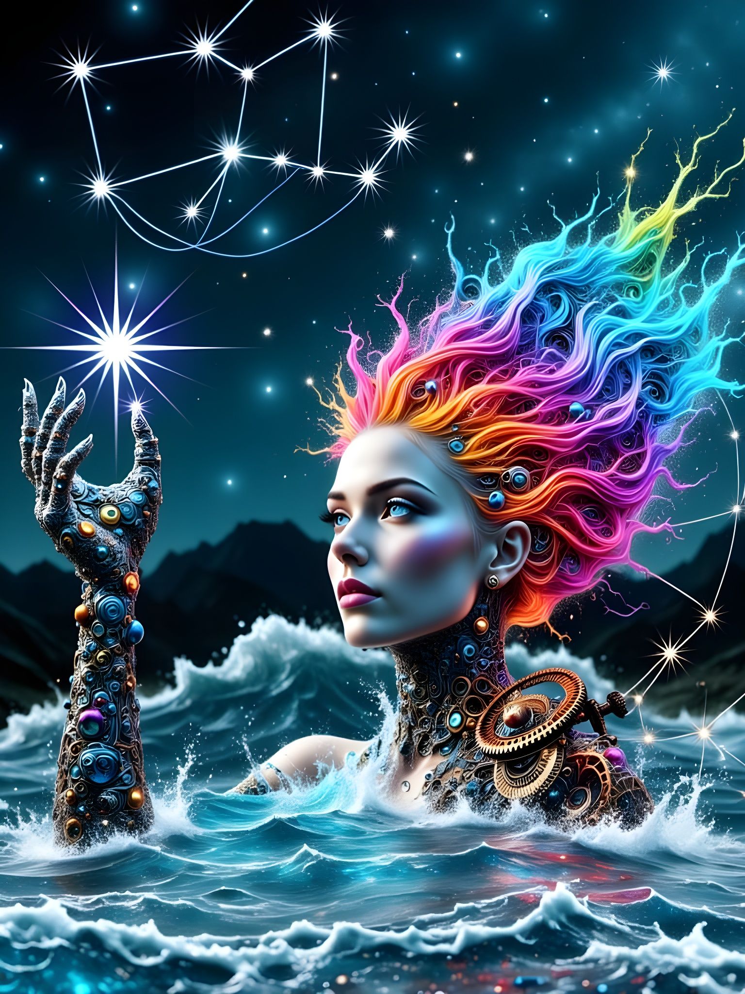Goddess Emerges from Colorful Sea with Mechanical Hand