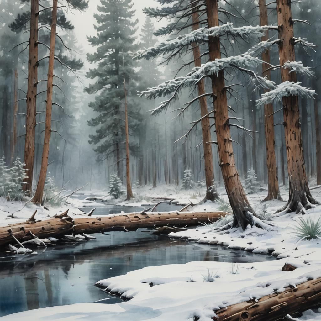 Snowstorm in Pine Forest: 3D Ink Wash