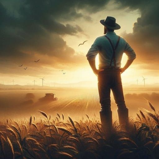 Prosperous Farmer Stands Amidst Golden Wheat