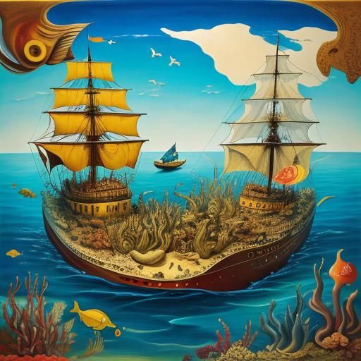 Underwater Mediterranean Submarine in Surrealist Style