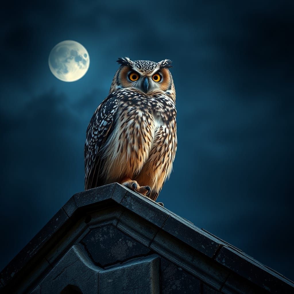 Majestic Owl on Weathered Church in Hyperrealistic Detail