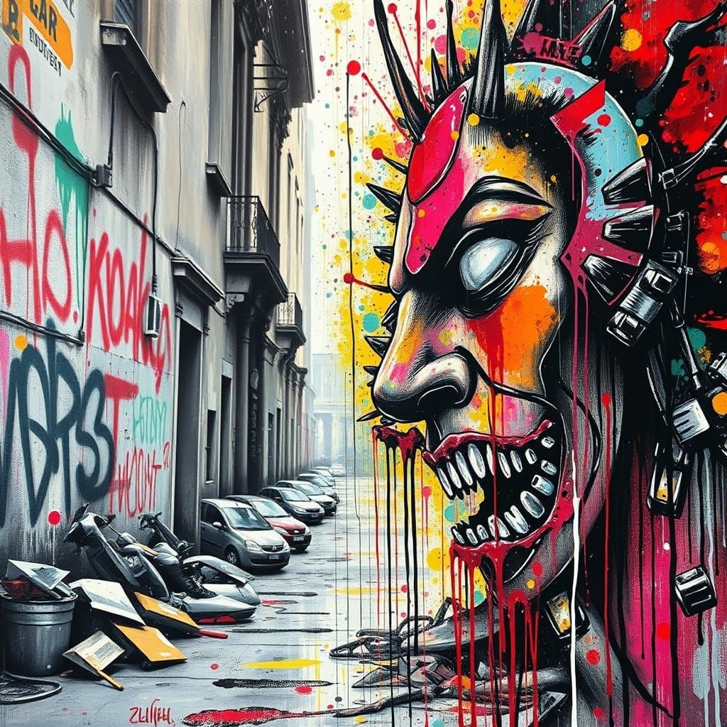 Urban Decay Graffiti Art with Vibrant Splatters