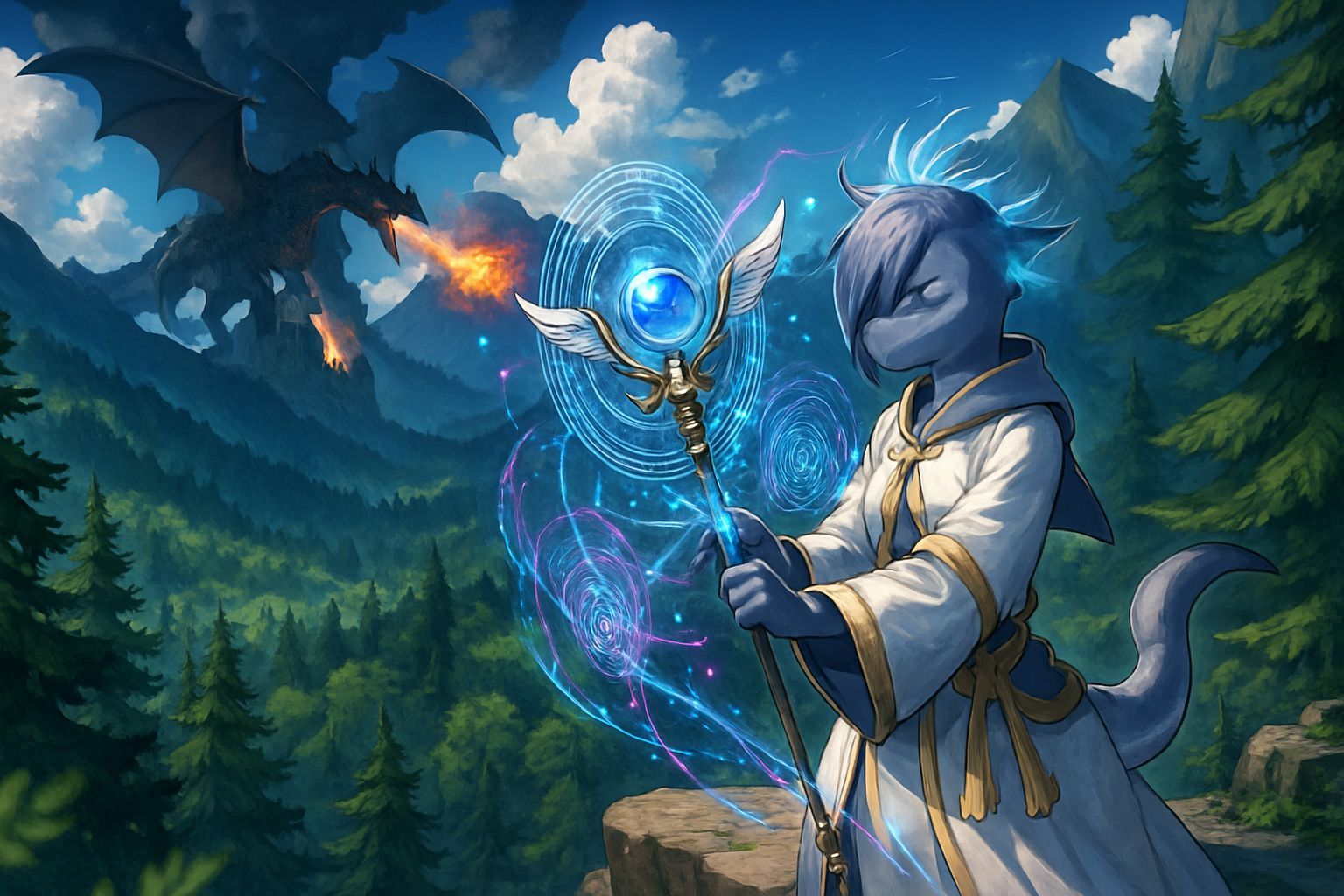 Anime Shark Healer Casting Magic in Forest