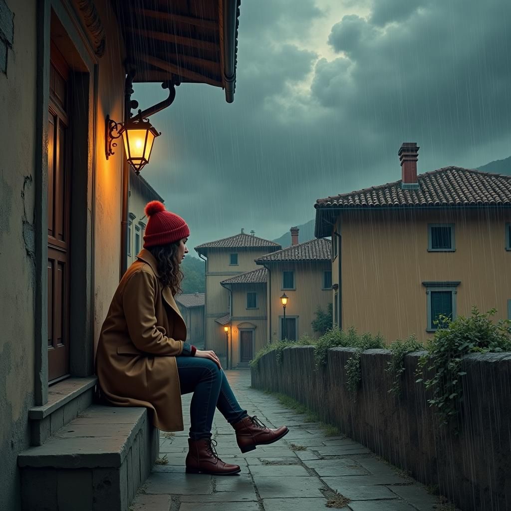 Italian Woman Watching Rain in Comic Book Style