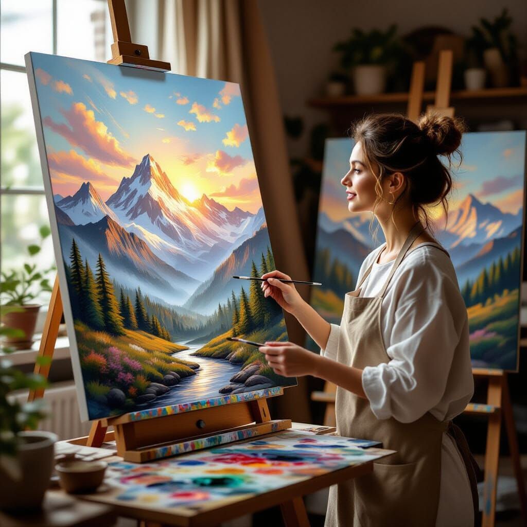 Painter Amazed as Mountain Landscape Emerges from Canvas