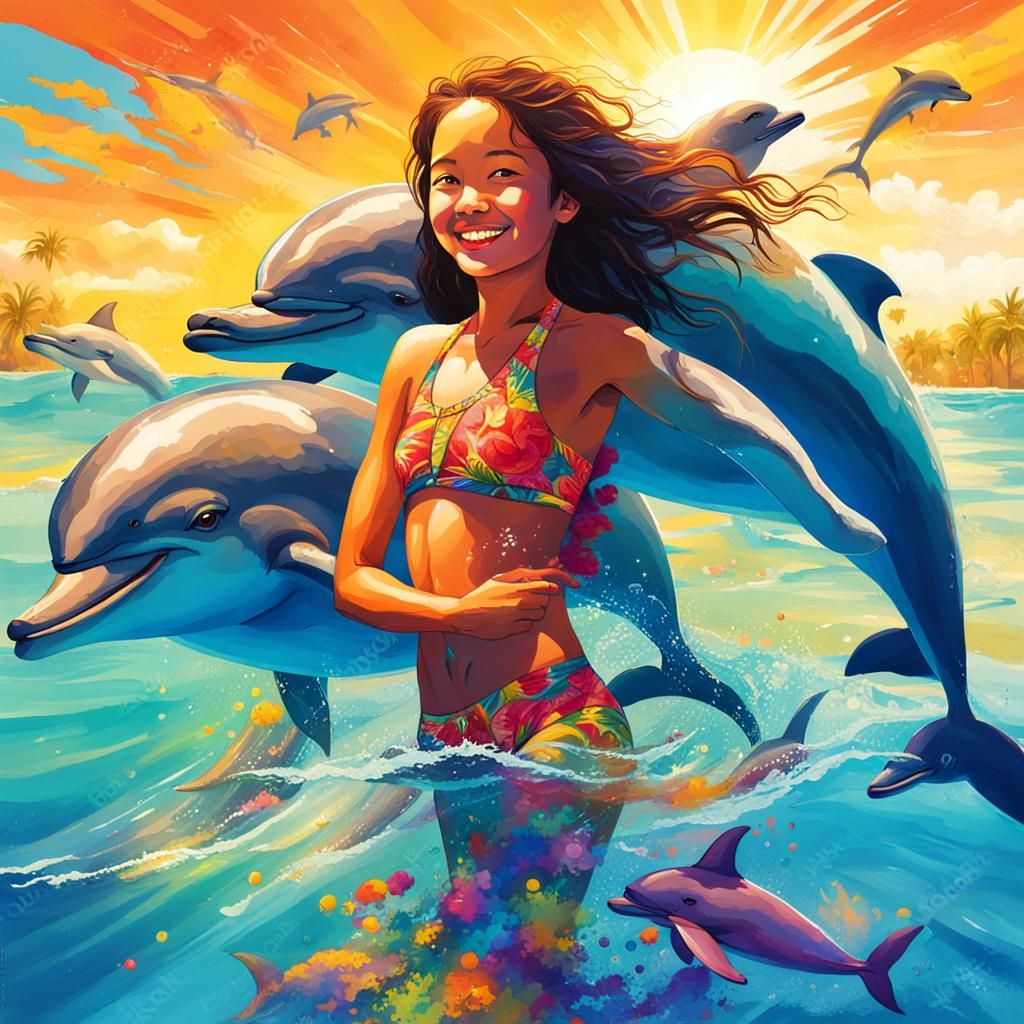 Girl Swimming with Dolphins in Hawaii