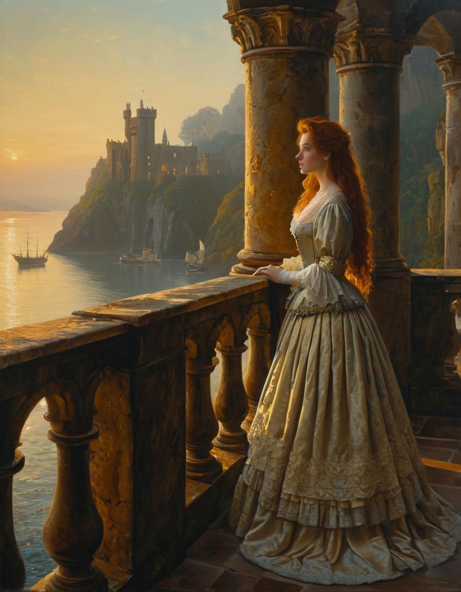 Renaissance Woman Overlooking Bay in Soft Light