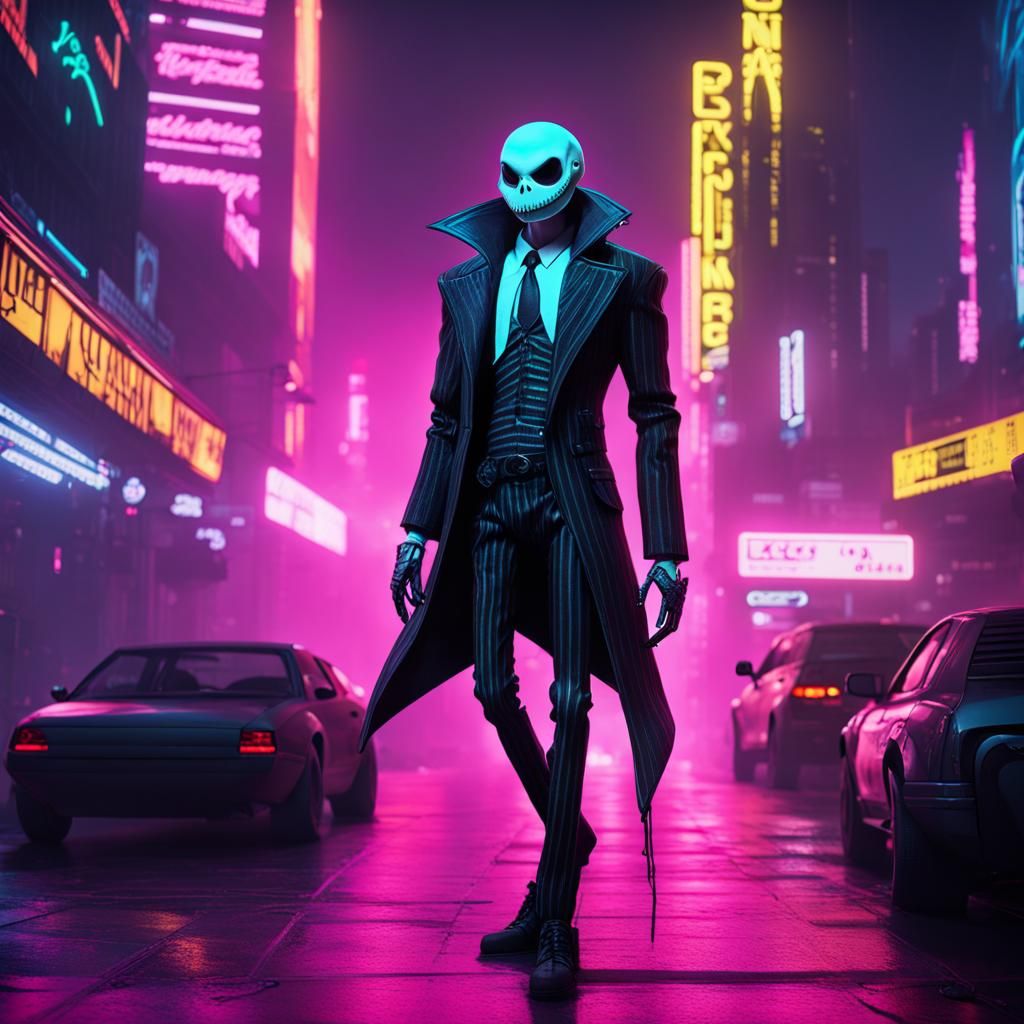 Jack Skellington in Cyberpunk Neon Cityscape