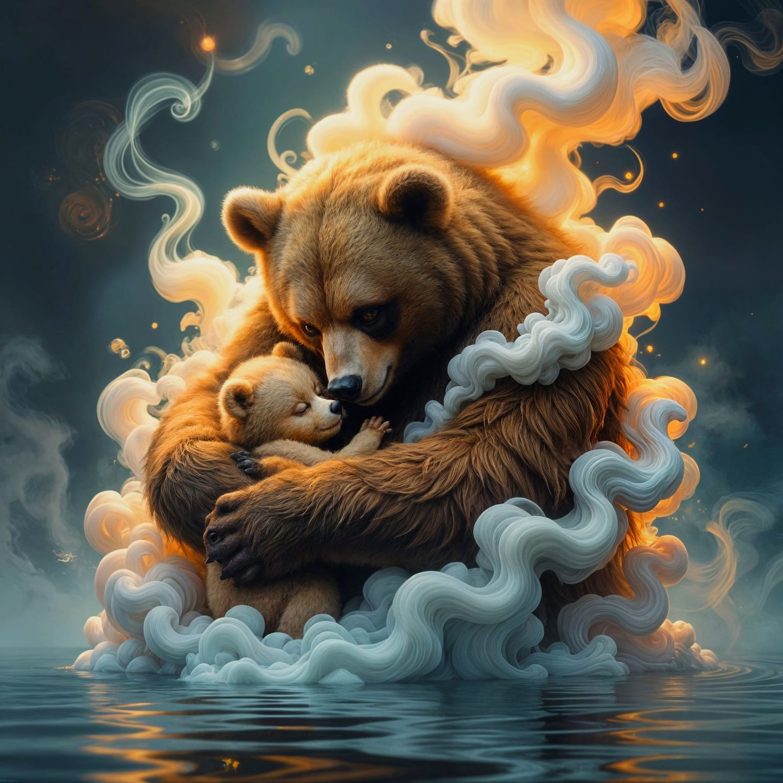 Smoke Monster Hugs Baby Bear in Fantasy Art Style