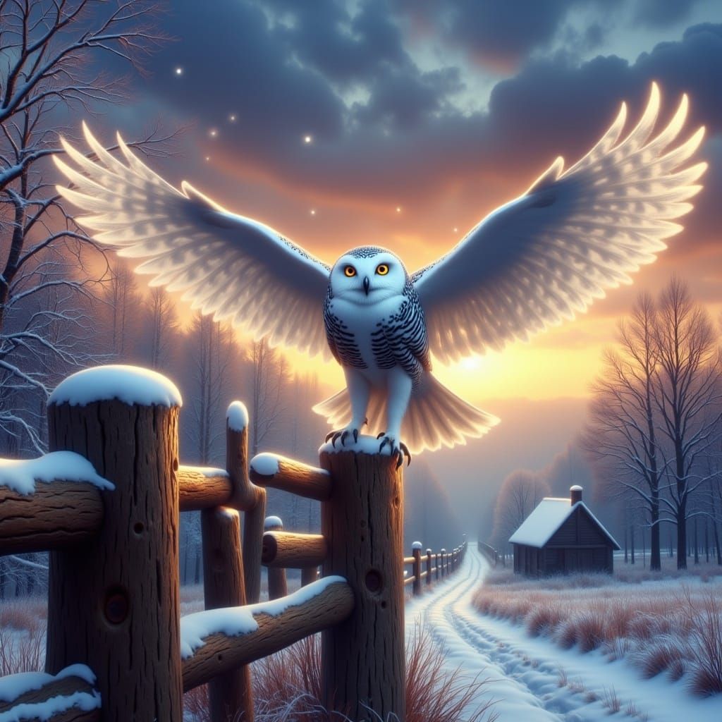 Snow Owl Takes Flight at Dusk: Hyperrealistic Art