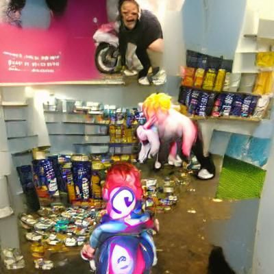 Humorous Scene: Rider on Pony in Chaotic Shop