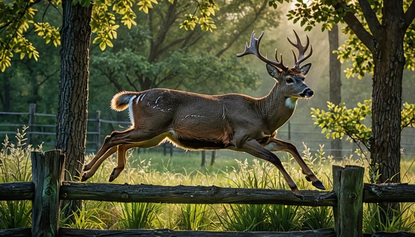 Whitetail Deer Leaps Fence: Hyperrealistic Wildlife Photogra...