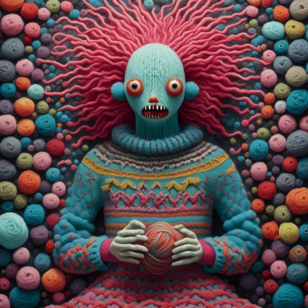 Yarn Monster Knitting Sweater in Pop Surrealism