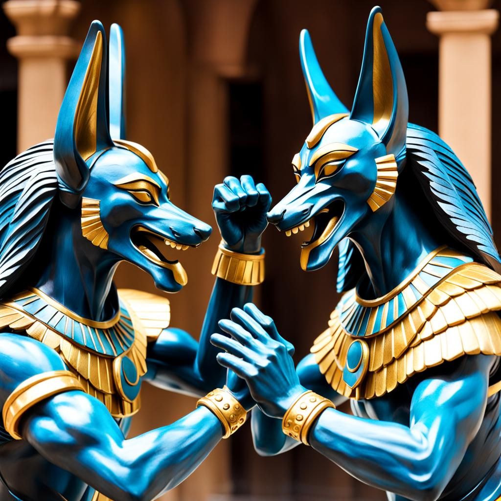 Two Anubis statues tickling each other with feather dusters....