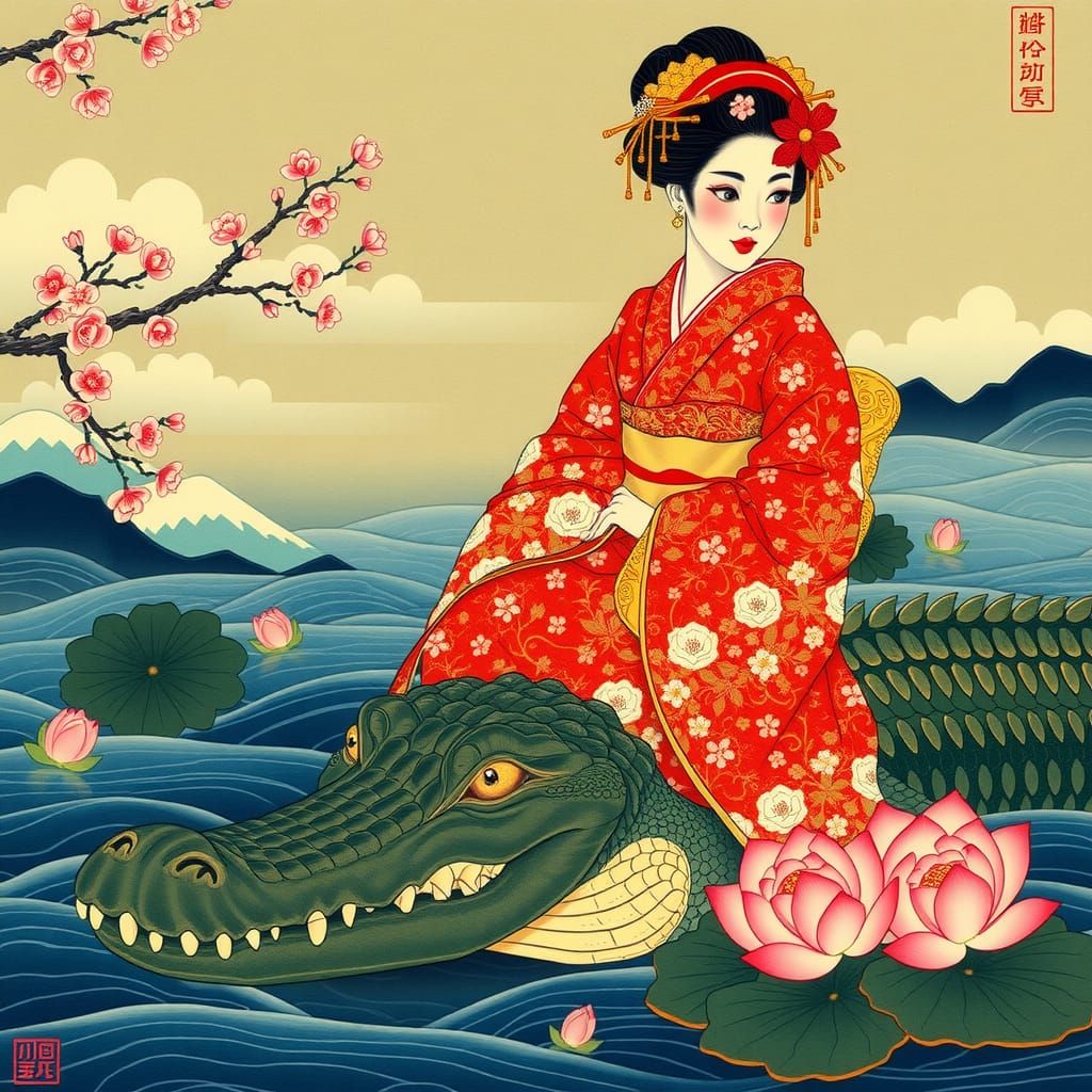 Geisha on Crocodile in Ukiyo-e Style River Scene