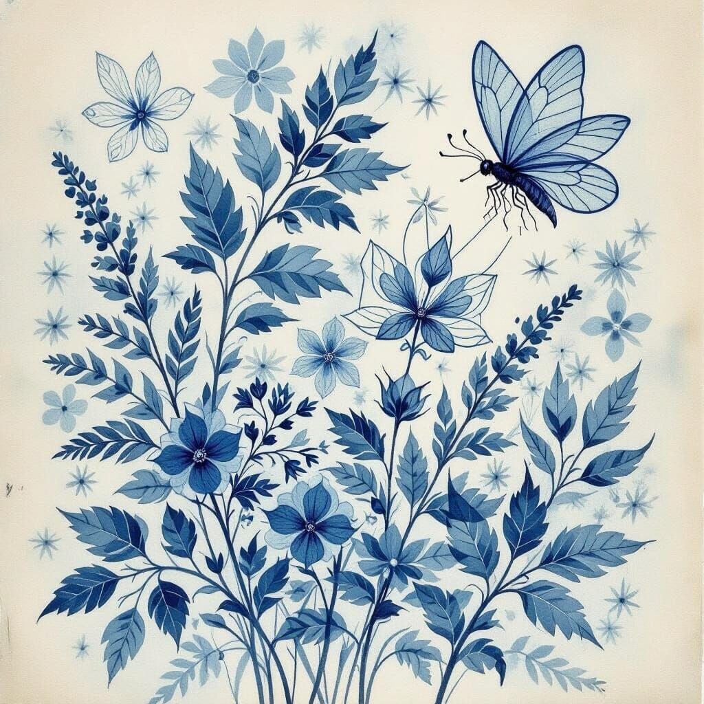 Ethereal Cyanotype of Fairies in Moonlight