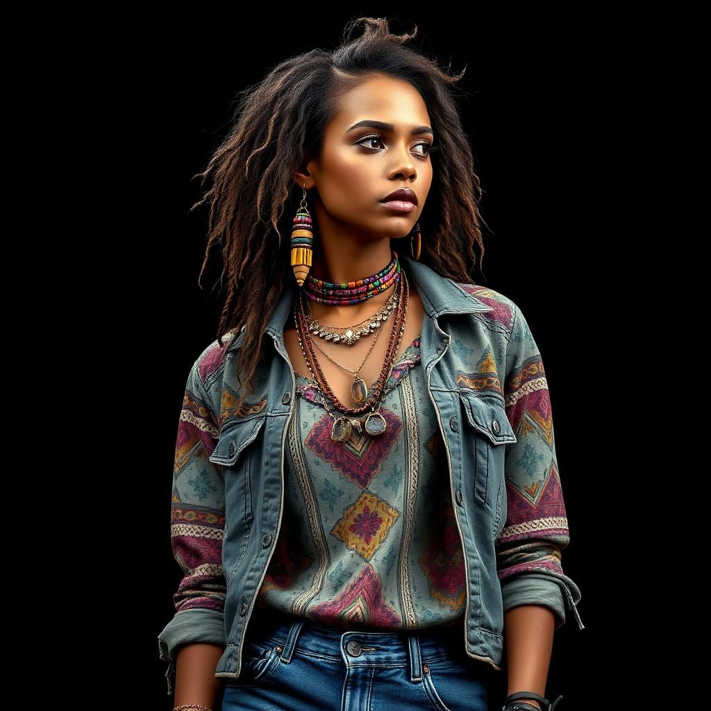 Punk Rock Boho African Woman, Hyperrealistic Vector Art