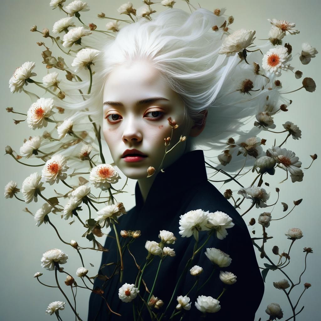 Surreal Woman Portrait with Flowers, Double Exposure Art