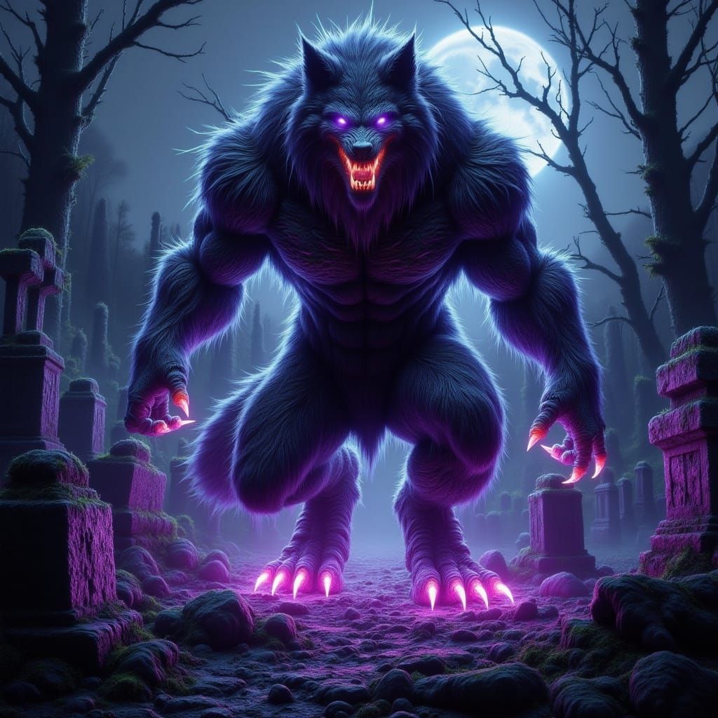 Mystical Werewolf in Dark, Gothic Graveyard