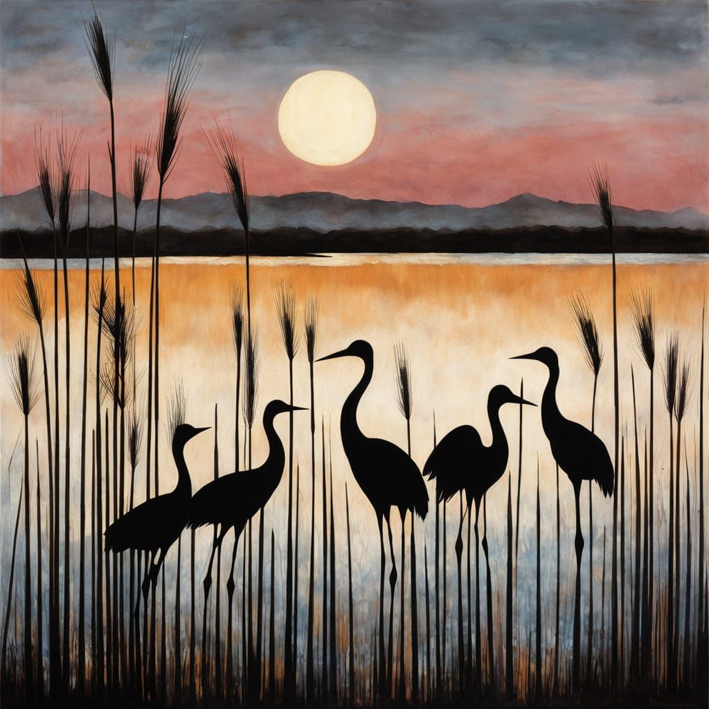 Cranes on the shore of a lake