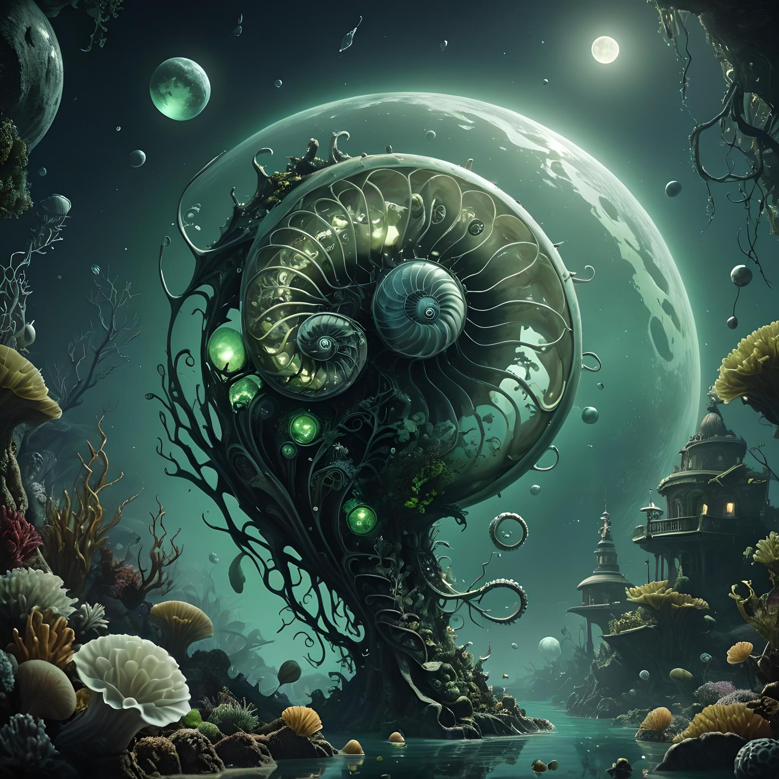 Glowing Nautilus in Surreal Underwater Scene
