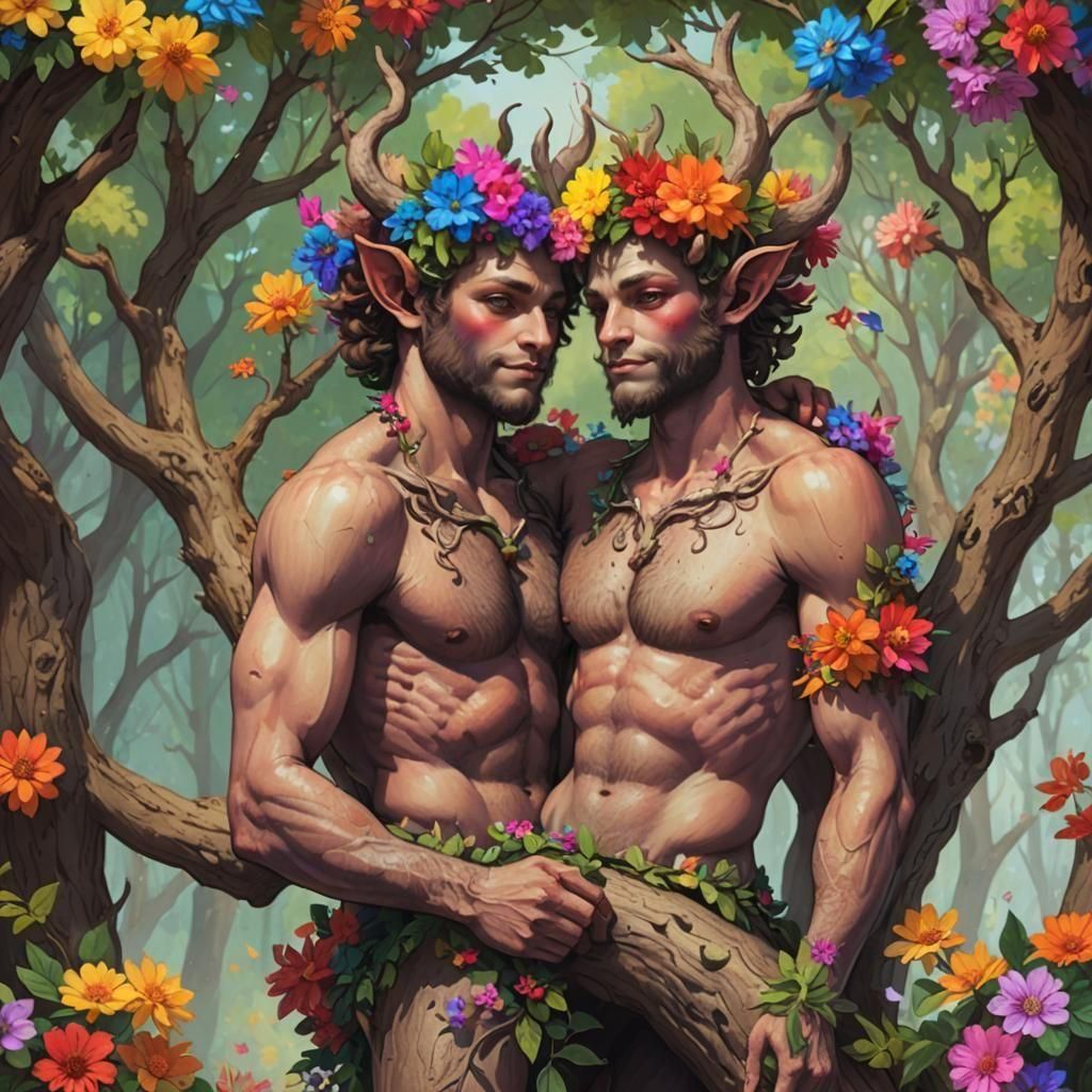 Gay Pride Satyrs with Rainbow Flowers