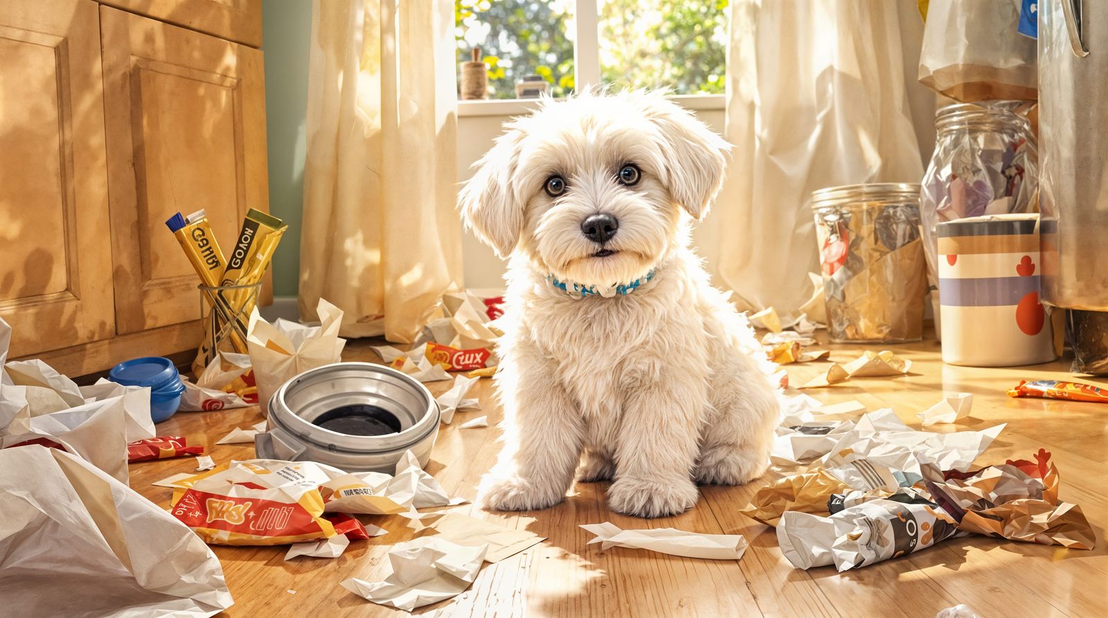 Adorable Maltese Puppy Surrounded by Trash in Sunny Kitchen