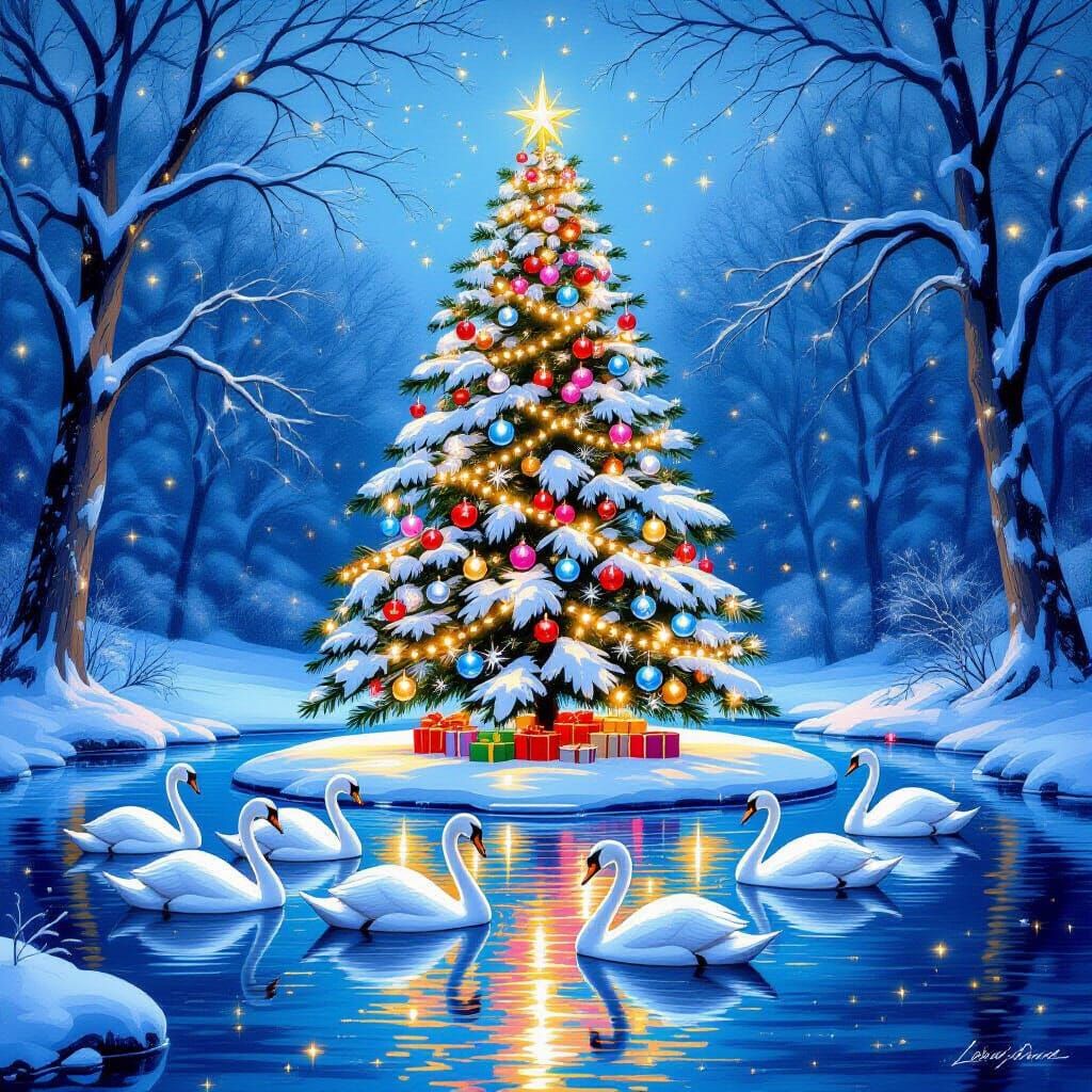 Christmas Tree and Swans in Serene Pond Digital Painting
