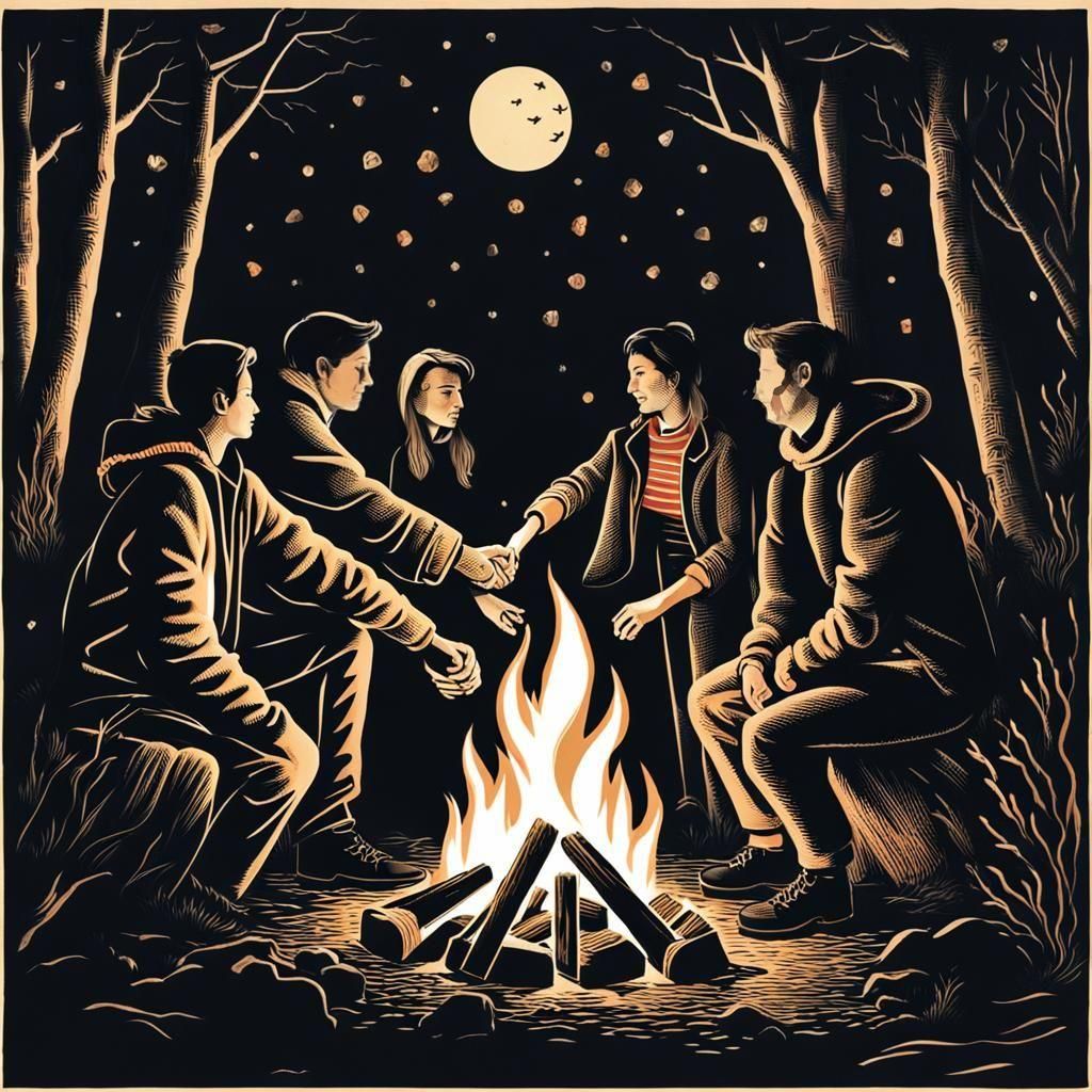 People Holding Hands Around a Campfire