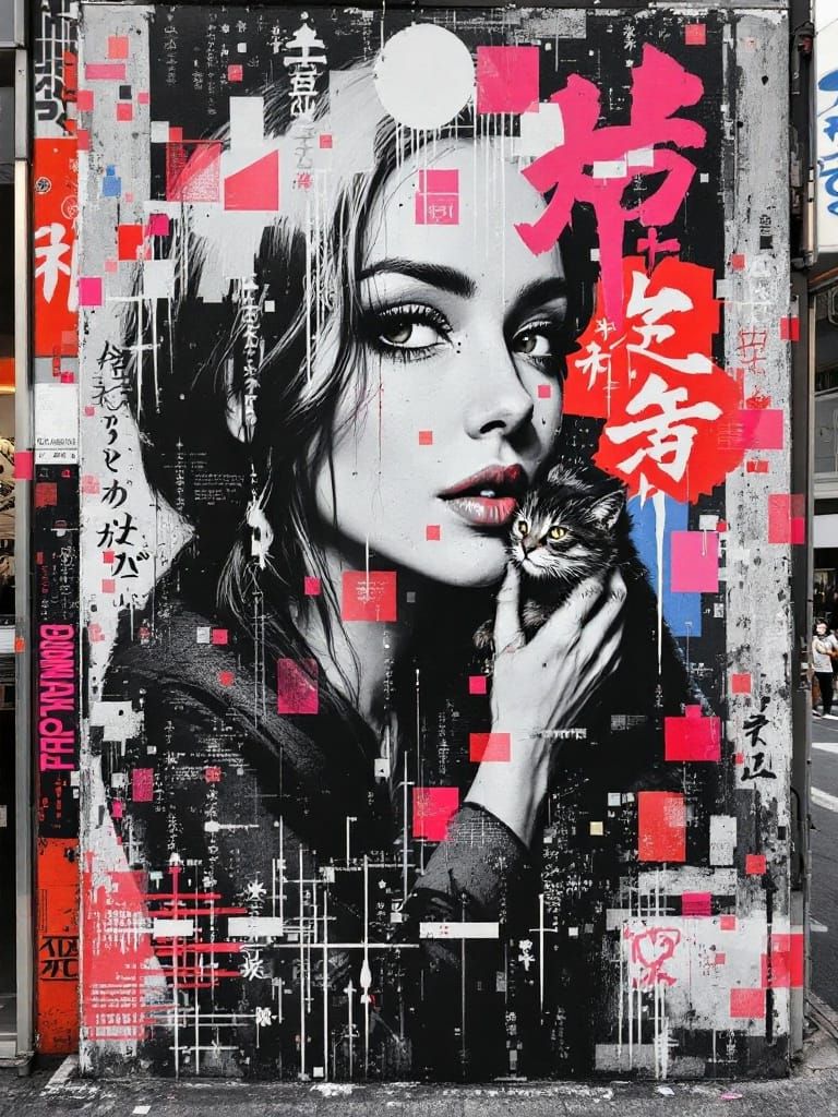 Cyberpunk Woman Defies Matrix Code with Fierce Cat by Her Si...