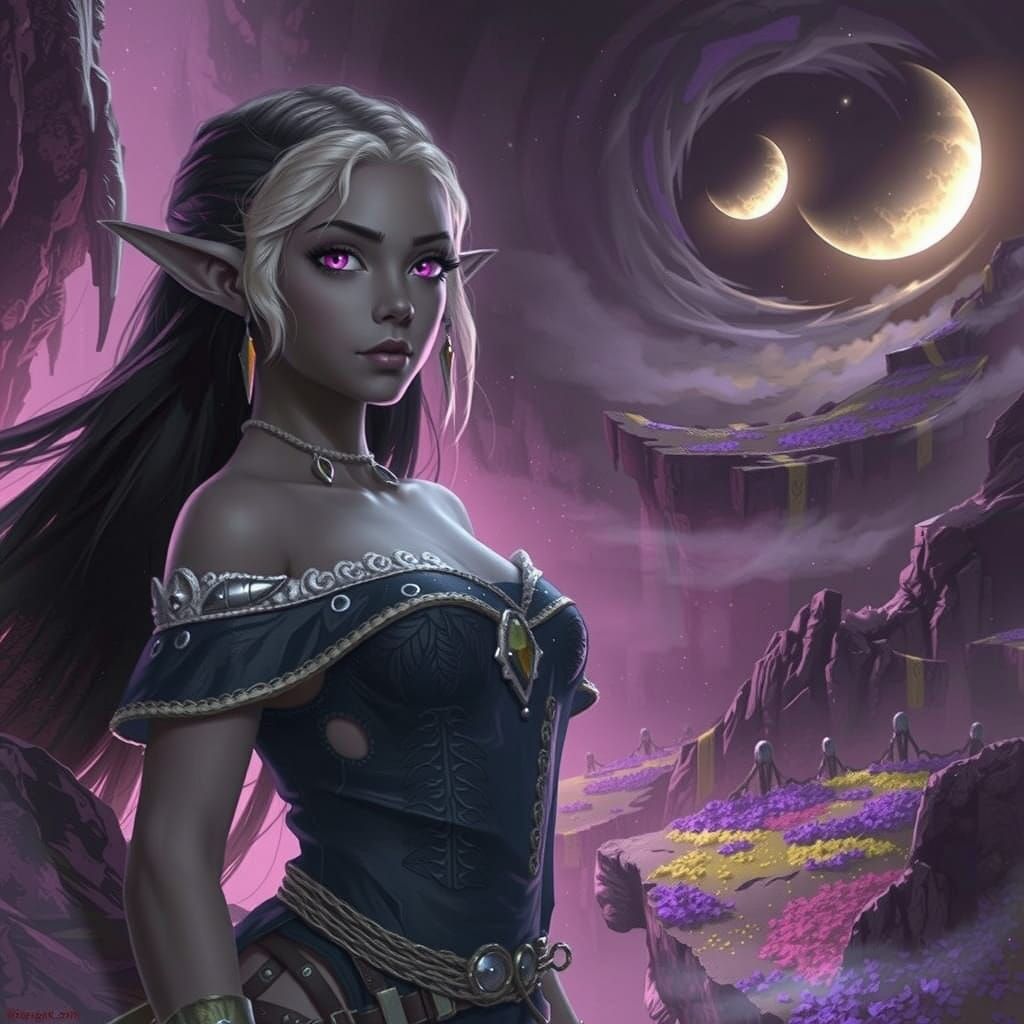 Dark Fantasy Elf Heroine on Purple Cliff