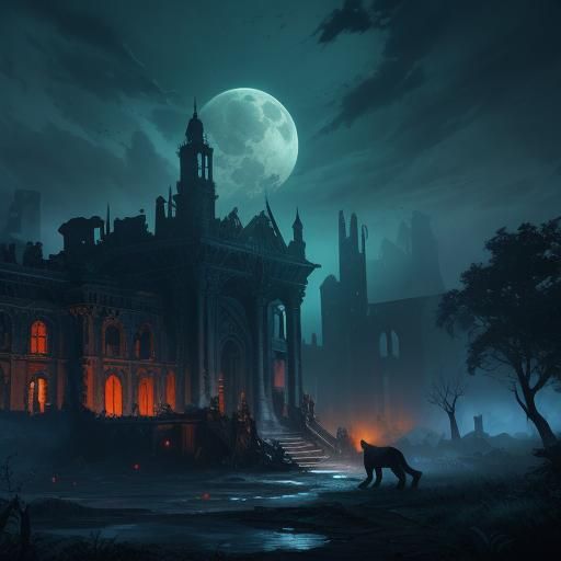 Wolves Howling Near Ruins: Detailed Fantasy Art