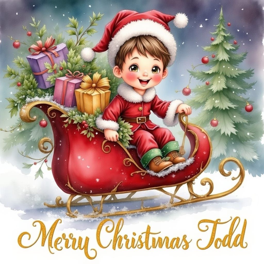 Cute Boy Rides Sleigh Full of Gifts in Watercolor Christmas ...