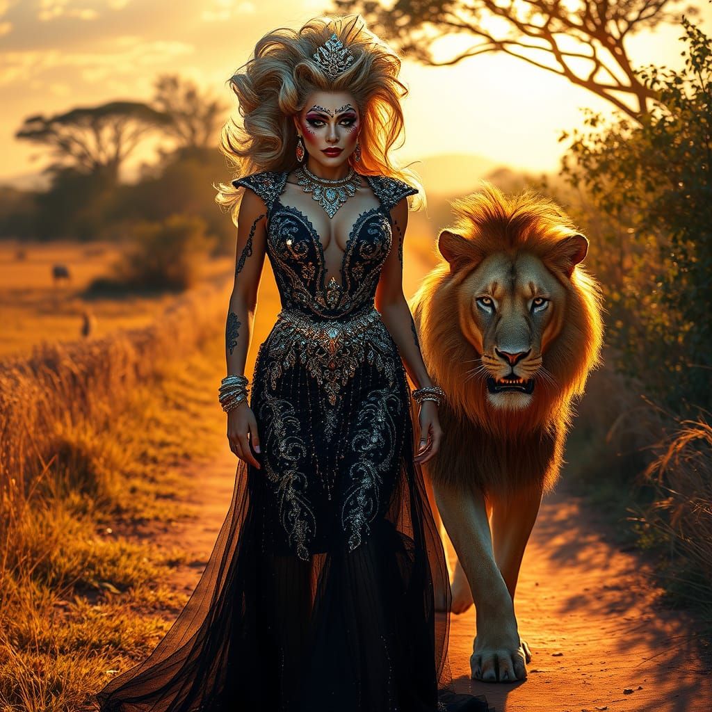 Glamorous Queen Strolls with Regal Lion