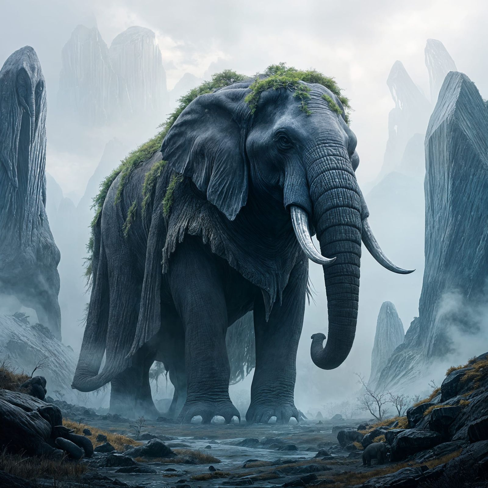 Obsidian Elephant in Misty World with Crystal Structures