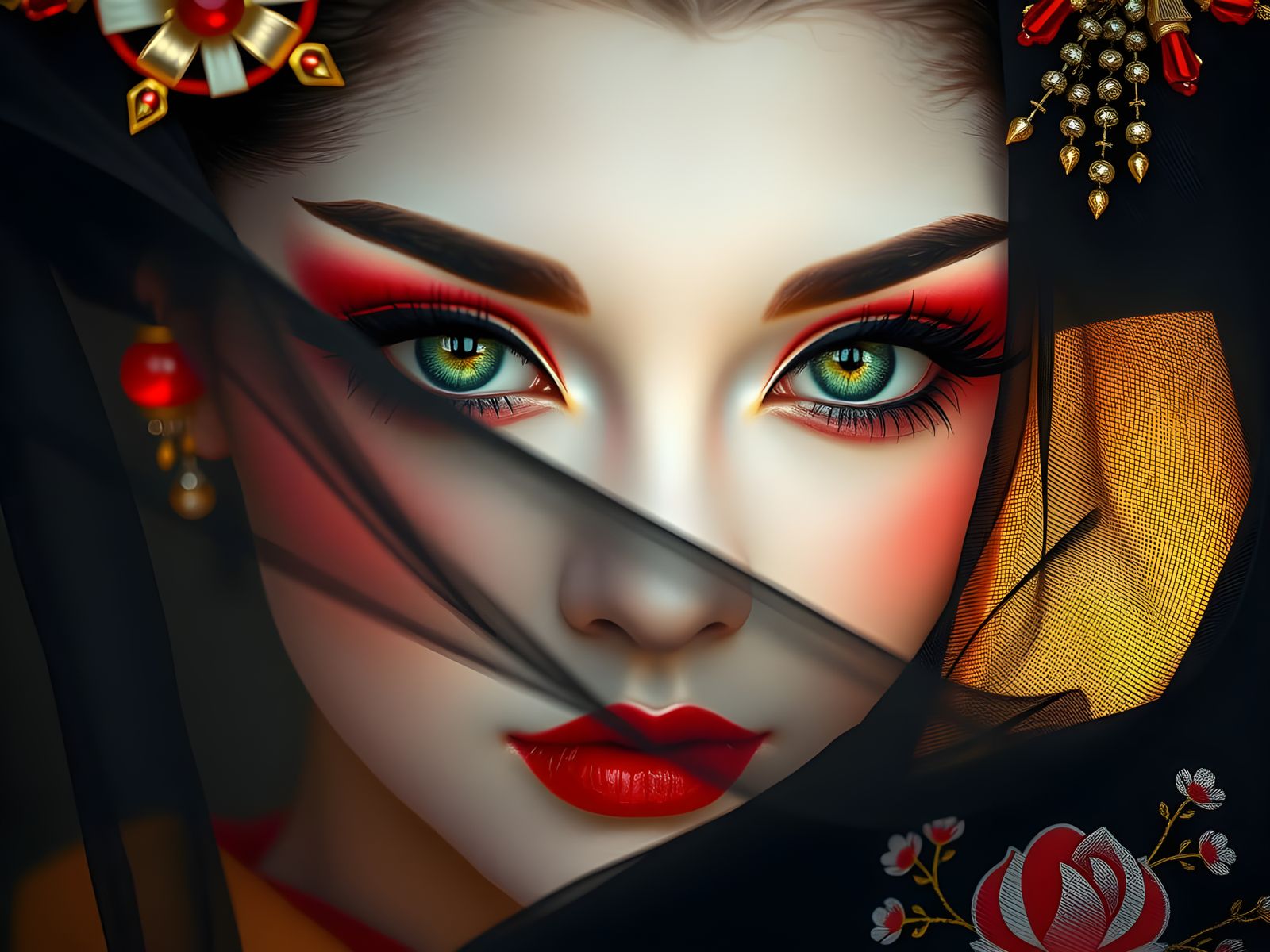 Geisha with Dramatic Makeup and Shimmering Green Eyes
