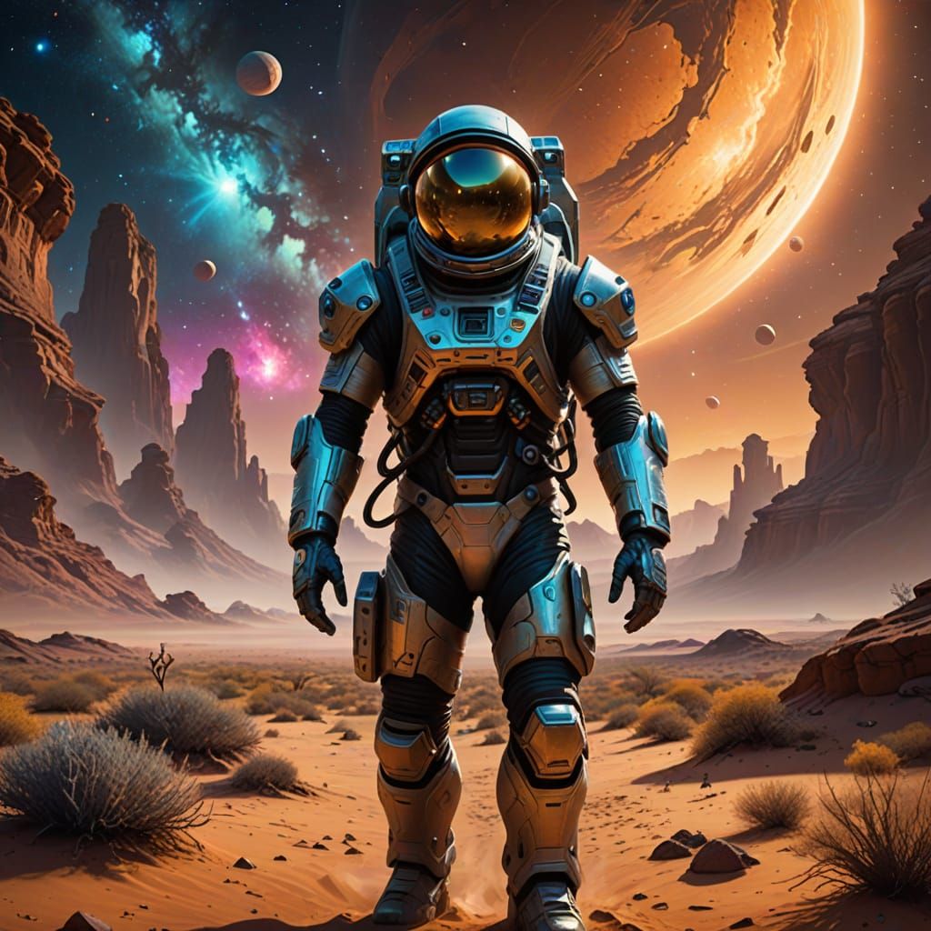 Astronaut Explores Alien Desert Ruins Under Nebula Sky